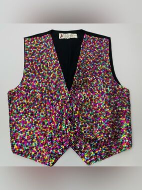 Vintage JC Rainbow Sequin Holographic Party Vest Medium Festival Confetti Snaps